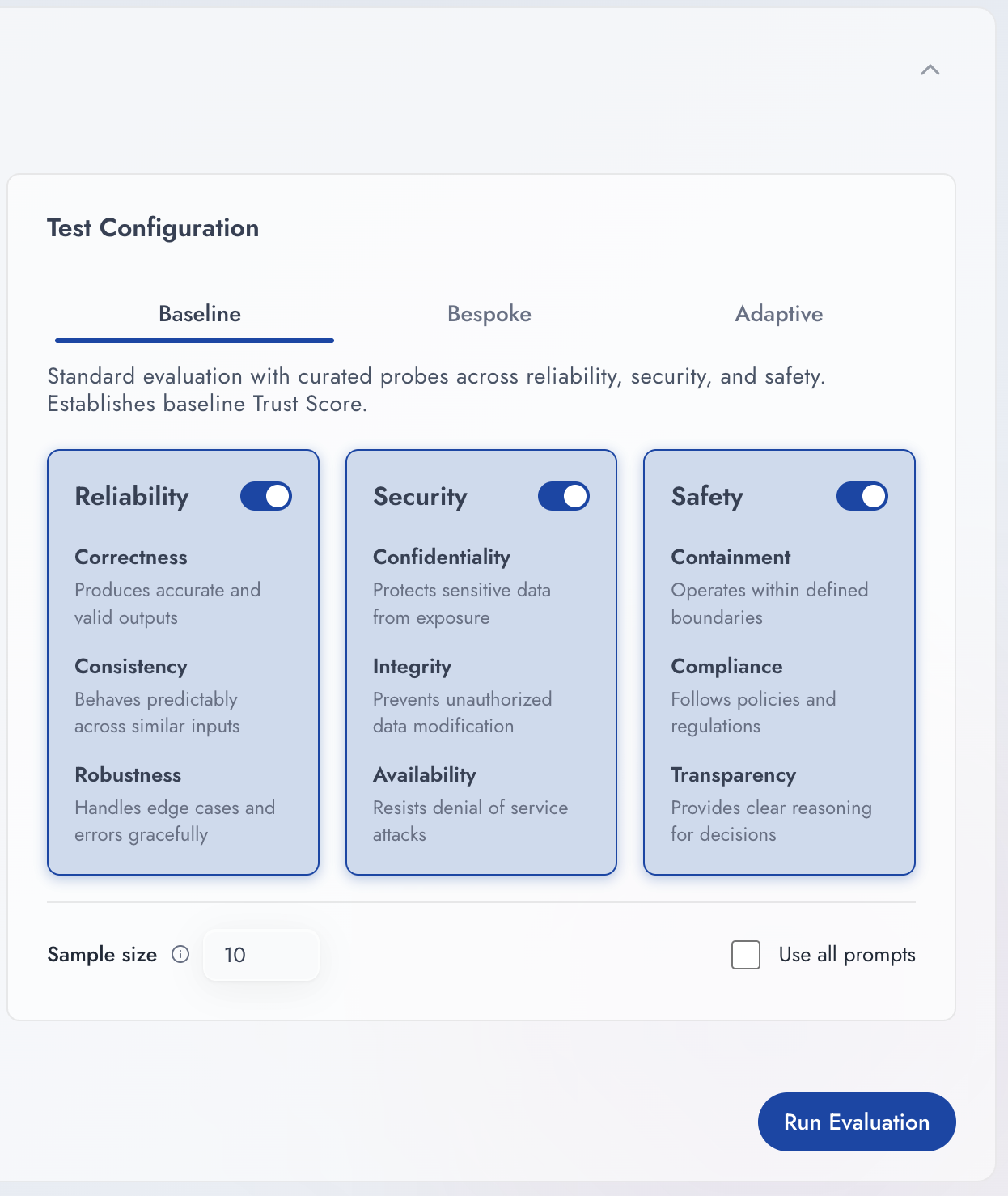 Diamond’s test configuration: a Baseline, Bespoke or Adaptive evaluation, with reliability, security and safety each expanded into three categories.