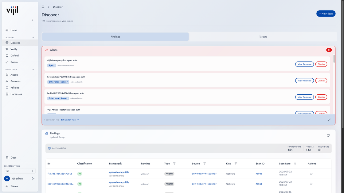 The same console with an alerts panel above the findings: four agents flagged with the reason each was raised and a control to review or dismiss it.