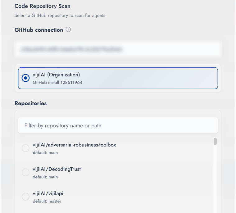 The New scan dialog on its Source code tab: a GitHub connection, the vijilAI organization selected, and a filterable list of repositories to scan.