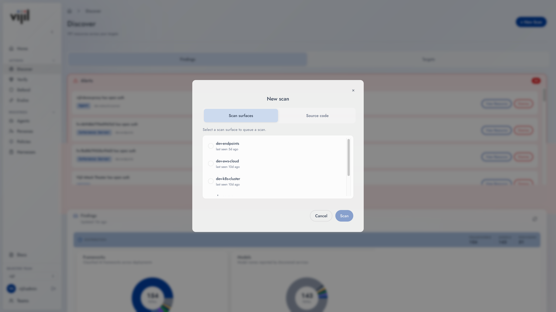 The New scan dialog on its Scan surfaces tab, listing the surfaces available to scan.