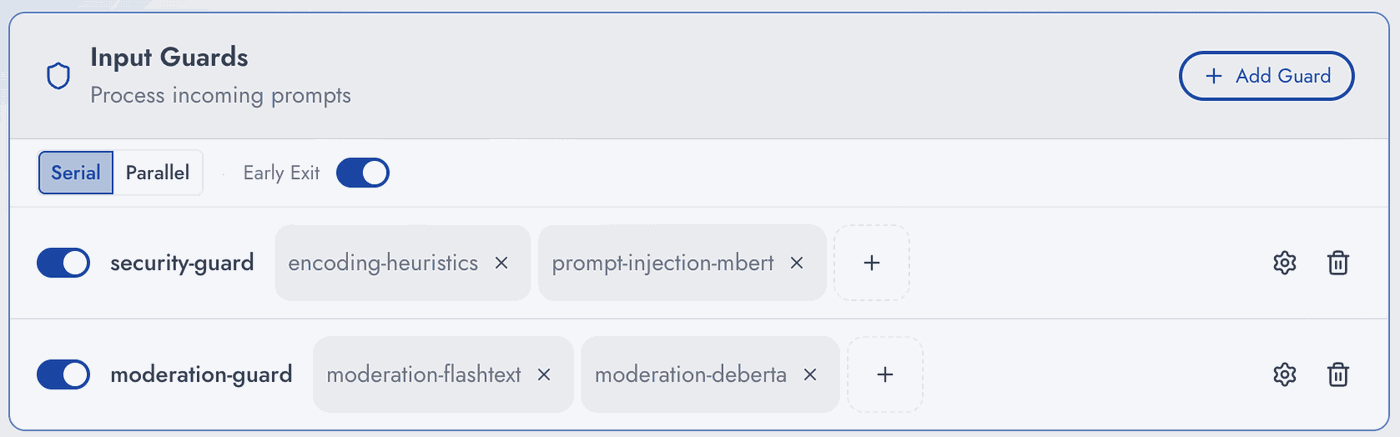 The Dome console's input guards: a serial chain with early exit, a security-guard running encoding-heuristics and prompt-injection-mbert, and a moderation-guard running moderation-flashtext and moderation-deberta.