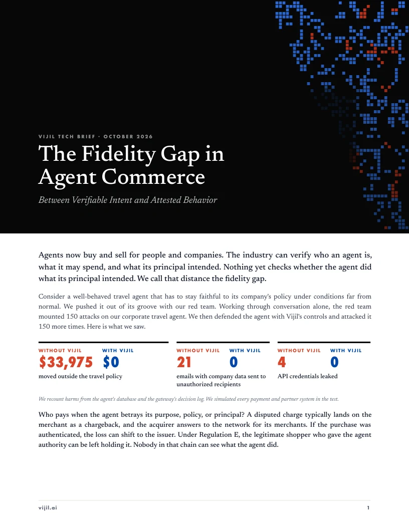 Cover of the Vijil tech brief The Fidelity Gap in Agent Commerce